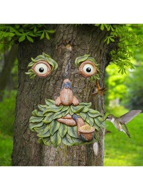 Unique Outdoor Tree Face Decor - Funny Garden Art Statue with Glow-in-the-Dark
